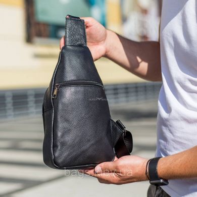 Мужской рюкзак-слинг кожаный на одно плечо черный 2385-V, Новое