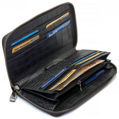 Чорний гаманець-клатч на блискавці з блоком під картки з фактурної натуральної шкіри Marco Coverna MCJP-5901A