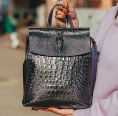 Женский черный рюкзак-сумка из натуральной кожи с тиснением под кожу крокодила Tiding Bag - 24361