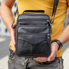 Функциональная сумка мужская через плечо из натуральной кожи черная, Черный